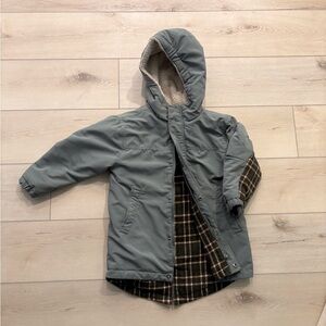 Kids Hooded Puffer Coat- Olive Green with Plaid Lining, Sherpa lined hood